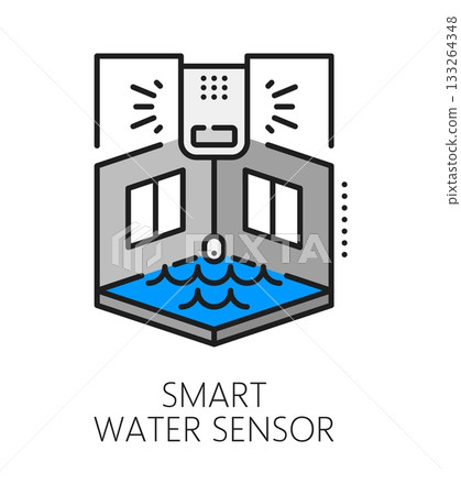 Home security smart water sensor color line icon or sign. House security, water leakage protection lineart vector icon. House pipe damage alarm system pictogram with room and water flood alarm sensor 133264348