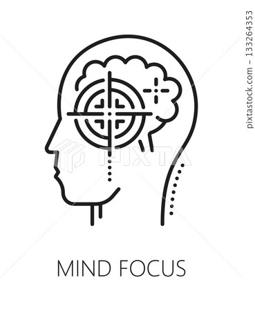 Mind focus mental health, psychology line icon or pictogram. Psychotherapy problem outline vector symbol, mental health icon. Psychology pictogram with head silhouette and optical sight crosshair 133264353