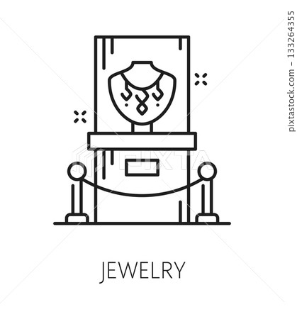 Jewelry exhibition museum exhibition line icon or symbol. Museum exhibit line vector sign, jewelry gallery pictogram. History exhibition symbol with woman precious jewelry necklace under glass cover 133264355