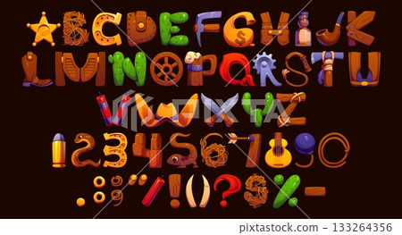 Western type, cowboy font, Wild West typeface, sheriff english alphabet vector typography. Cartoon letters and numbers font of Wild West cowboy hat, lasso and boots, Western sheriff star, bandit gun 133264356