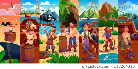 Cartoon pirate characters, ship crew vector collage include lookout with spyglass, ship cook, carpenter with saw, sailor characters with cannons and ropes. Happy pirate at treasure island, sail boat Cartoon pirate characters, ship crew vector collage include lookout with spyglass, ship cook, carpenter with saw, sailor characters with cannons and ropes. Happy pirate at treasure island, sail boat 133264380