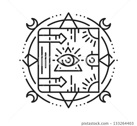 Egyptian sacred book esoteric line tattoo or sign. Egyptian culture sacred lineart vector sign, Africa mythology esoteric print. Ancient civilization tattoo with book, pyramid and eye of providence 133264403