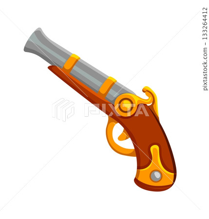Corsair pirate captain medieval pistol weapon photo booth prop. Cartoon flintlock pistol isolated vector icon, filibuster bandit gunpowder firearm weapon kids photo booth prop with golden handle Corsair pirate captain medieval pistol weapon photo booth prop. Cartoon flintlock pistol isolated vector icon, filibuster bandit gunpowder firearm weapon kids photo booth prop with golden handle 133264412
