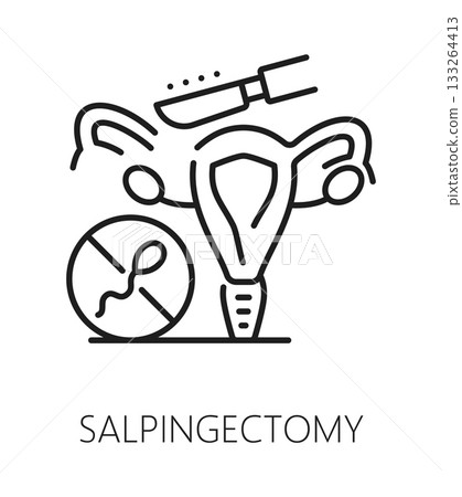 Salpingectomy contraception method line icon or label. Family planning method line vector pictogram, contraception procedure symbol. Pregnancy prevention icon with sperm, uterus and surgical scalpel 133264413