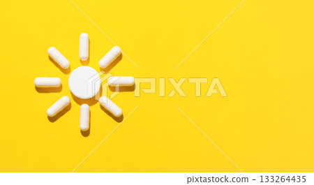 White vitamin D pills arranged in sun shape on vibrant yellow background, symbolizing health, wellness, and the importance of sunlight for vitality 133264435