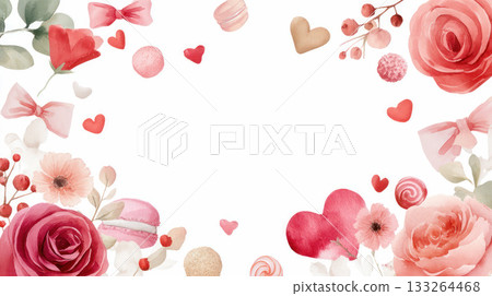 Romantic watercolor illustration featuring roses, hearts, and sweet treats, perfect for Valentine's Day celebrations and love-themed designs with copy space Romantic watercolor illustration featuring roses, hearts, and sweet treats, perfect for Valentine's Day celebrations and love-themed designs with copy space 133264468