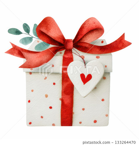 Watercolor illustration of a beautifully wrapped gift box adorned with a red ribbon and heart tag, perfect for Valentine's Day celebrations Watercolor illustration of a beautifully wrapped gift box adorned with a red ribbon and heart tag, perfect for Valentine's Day celebrations 133264470