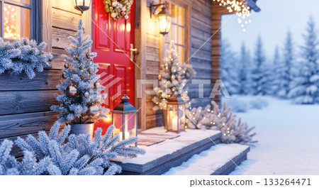 Cozy winter cabin entrance decorated for the holidays, featuring snow-covered trees, warm lights, and a vibrant red door inviting festive cheer 133264471