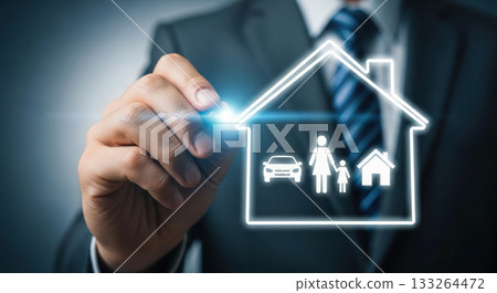 Businessman in suit illustrating insurance concept with digital house icon, featuring family, car, and home symbols, emphasizing protection and security 133264472