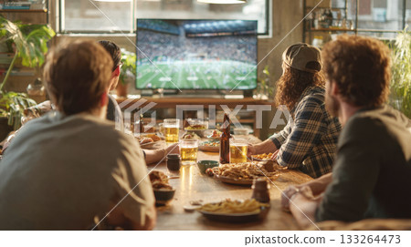 A candid shot of male friends gathered around a table with beer, snacks, and food, intently watching a live football or sports game on a big screen TV in a cozy, sunlit loft apartment. 133264473