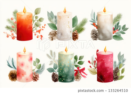 Colorful candles with festive decorations, showcasing various designs and textures, perfect for holiday celebrations and seasonal decor inspiration 133264510