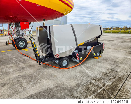 Aircraft Ground Servicing Cart Connected to Plane Aircraft Ground Servicing Cart Connected to Plane 133264526