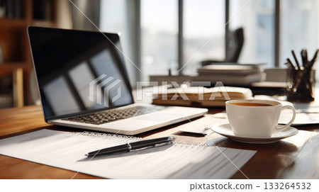 Close-up of a wooden desk with a laptop, documents, pen, cup of coffee or tea, brightly lit by natural sunlight streaming in from a large window. Ideal for themes of remote work, study, productivity Close-up of a wooden desk with a laptop, documents, pen, cup of coffee or tea, brightly lit by natural sunlight streaming in from a large window. Ideal for themes of remote work, study, productivity 133264532