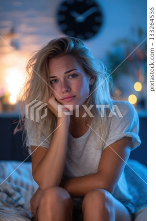intimate portrait of a pensive young woman with insomnia sitting on her bed late at night. Blue and orange light creates a somber atmosphere, emphasizing themes of stress, mental health, sleeplessness intimate portrait of a pensive young woman with insomnia sitting on her bed late at night. Blue and orange light creates a somber atmosphere, emphasizing themes of stress, mental health, sleeplessness 133264536