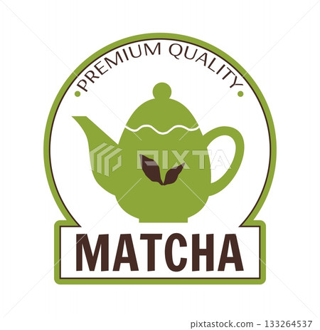 Tea logo. Matcha premium quality icon. Ceramic teapot. Japanese powder fresh beverage. Teatime sticker. Green plant leaves. Drink tableware. Product emblem design. Vector label template Tea logo. Matcha premium quality icon. Ceramic teapot. Japanese powder fresh beverage. Teatime sticker. Green plant leaves. Drink tableware. Product emblem design. Vector label template 133264537