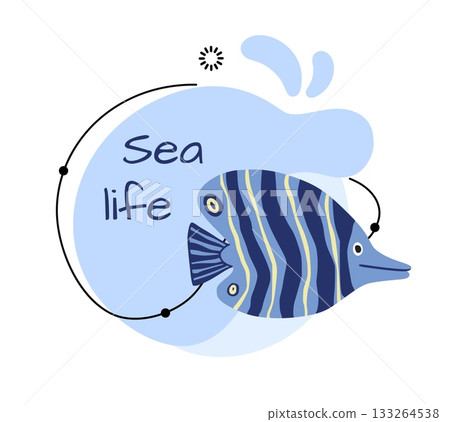 Sea clam. Marine underwater life. Coral reef fish. Water blue splash drops. Swimming aquatic animal. Ocean nature. Lettering phrase. Fishing and diving. Undersea wildlife vector card Sea clam. Marine underwater life. Coral reef fish. Water blue splash drops. Swimming aquatic animal. Ocean nature. Lettering phrase. Fishing and diving. Undersea wildlife vector card 133264538