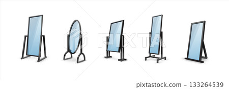 3d mirror. Isometric floor stand. Dressing room frame for modern bedroom. Oval and rectangular border with reflective glass surface. Furnishing element. Isolated furniture vector set 3d mirror. Isometric floor stand. Dressing room frame for modern bedroom. Oval and rectangular border with reflective glass surface. Furnishing element. Isolated furniture vector set 133264539