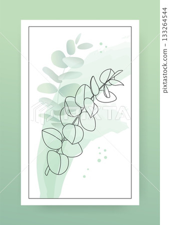 Abstract nature art. Plant branch line sketch. Watercolor splash. Outline delicate drawing graphic. Paint smear. Summer leaves. Twig foliage. Eucalyptus greenery. Vector botanical card Abstract nature art. Plant branch line sketch. Watercolor splash. Outline delicate drawing graphic. Paint smear. Summer leaves. Twig foliage. Eucalyptus greenery. Vector botanical card 133264544