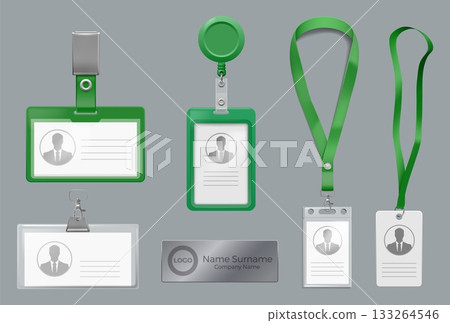 Lanyard badge. Employee ID card. Clip holder with reel strap. Identification staff 3D accessories. Corporate blank board. Name display. Office identity. Vector realistic objects set Lanyard badge. Employee ID card. Clip holder with reel strap. Identification staff 3D accessories. Corporate blank board. Name display. Office identity. Vector realistic objects set 133264546