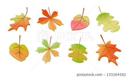 3d autumn leaves. Fallen maple leaf, yellow oak and green forest chestnut fall foliage october icon or september season render isolated shapes. Minimal realistic gradient. Vector icons set 3d autumn leaves. Fallen maple leaf, yellow oak and green forest chestnut fall foliage october icon or september season render isolated shapes. Minimal realistic gradient. Vector icons set 133264582