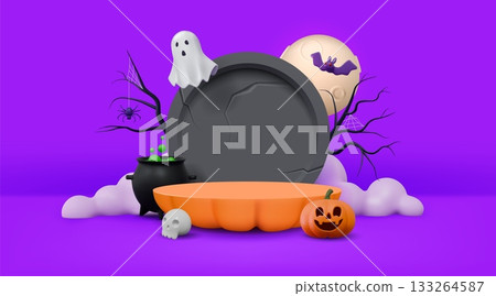 Halloween background. 3d cute pumpkin, party candle and stage, empty podium with october lanterns. Fun bat theme. Product presentation render isolated 3d cartoon elements. Vector elements Halloween background. 3d cute pumpkin, party candle and stage, empty podium with october lanterns. Fun bat theme. Product presentation render isolated 3d cartoon elements. Vector elements 133264587