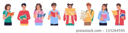 Book readers. Young woman student, man people person in library enjoying literature. Standing cute couple, knowledge and education studying group. Vector cartoon flat style isolated set 133264595