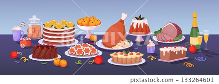 Christmas table. Feast meal dinner. Winter party dish. Food at tabletop. Holiday celebration chicken meat. Xmas pie plate. Sweet cake with glaze. Turkey serving. Vector illustration Christmas table. Feast meal dinner. Winter party dish. Food at tabletop. Holiday celebration chicken meat. Xmas pie plate. Sweet cake with glaze. Turkey serving. Vector illustration 133264601