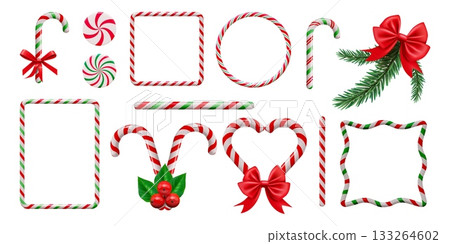 Candy cane frame. Christmas stick border. 3D lollipop line pattern or red and white strip. Caramel bonbon. Sweet corners. Coniferous branch with red ribbon. Vector holiday Xmas decor set Candy cane frame. Christmas stick border. 3D lollipop line pattern or red and white strip. Caramel bonbon. Sweet corners. Coniferous branch with red ribbon. Vector holiday Xmas decor set 133264602
