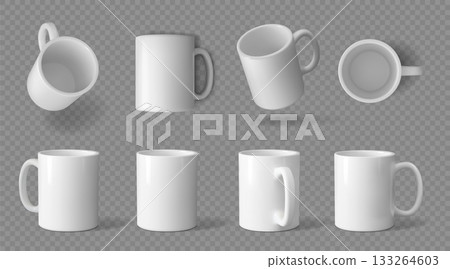 Mug mockup. White coffee cup with handle different sides and top view, 3d ceramic template or isolated brand corporate design for logo, blank design, hot beverage porcelain. Vector illustration 133264603