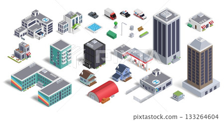 3D buildings. Isometric city map. Business skyscraper. School and shop. Industry factory. Town police station. Home facade. Road car. Urban hotel. Vector isolated cityscape elements set 3D buildings. Isometric city map. Business skyscraper. School and shop. Industry factory. Town police station. Home facade. Road car. Urban hotel. Vector isolated cityscape elements set 133264604