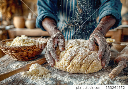 baker's hands working a dough ball on a rustic wooden table, with flour dusting the air. Captures the traditional and artisan process of bread making, highlighting cooking, baking, food preparation. 133264652