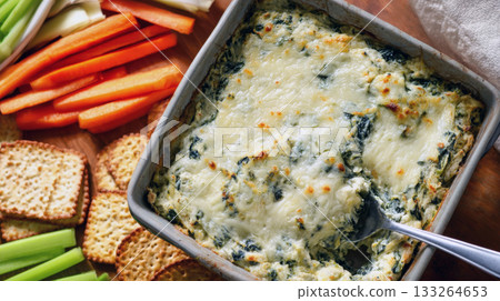 Top-down view of hot, cheesy spinach and artichoke dip baked in square dish, with spoon serving a portion. Served alongside carrots, celery, crackers for dipping. A perfect appetizer or comfort food 133264653