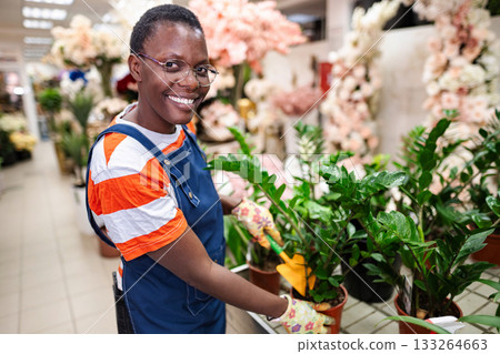 Smiling florist taking care of plants in a flower shop 133264663