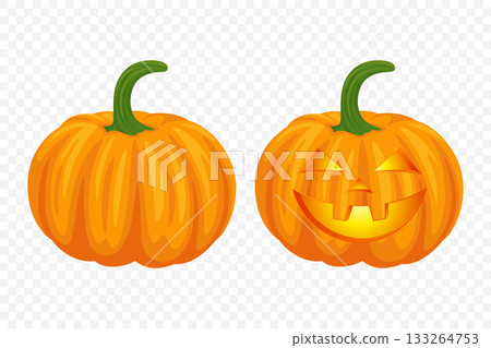 Vector Halloween Pumpkin Set with Carved Faces. Cute Cartoon Pumpkins Set. Colorful Halloween Stickers for Autumn Harvest, Fall Decoration, Thanksgiving, Festive Design 133264753