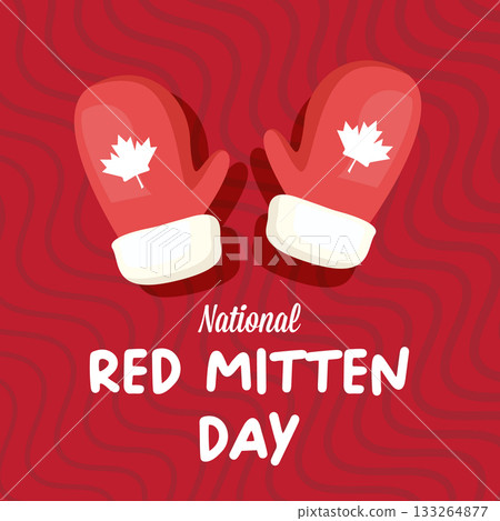 Celebrate national red mitten day with warm red mittens on red abstract background. Red mittens day 21 November Canadian holiday greeting card Celebrate national red mitten day with warm red mittens on red abstract background. Red mittens day 21 November Canadian holiday greeting card 133264877