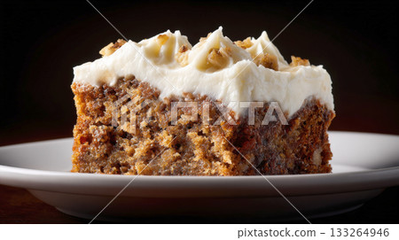 An extreme close-up of a delicious slice of carrot cake, showcasing its moist texture and chunky layers. The cake is topped with generous swirl of rich cream cheese frosting and a sprinkle of walnuts 133264946