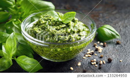 green, homemade pesto sauce in a clear glass bowl, featuring fresh basil, pine nuts, and parmesan cheese. Perfect for pasta, bruschetta, or pizza. Close-up, high-quality food on a dark, rustic surface 133264950