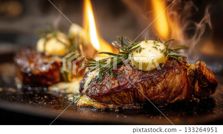 Dramatic close-up of premium steaks likely filet mignon flambeed with high, bright flames, served on a hot surface. Each steak is topped with melting herb butter and rosemary. 133264951