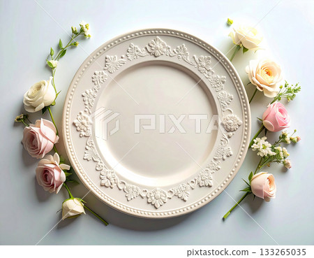 Classic table setting. Ceramic plate with a classic white design and floral border on a white background. Porcelain kitchenware. Close-up. Top view. Classic table setting. Ceramic plate with a classic white design and floral border on a white background. Porcelain kitchenware. Close-up. Top view. 133265035