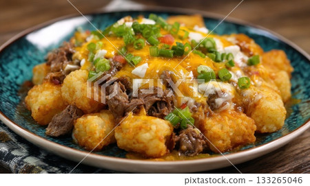 crispy tater tots topped with pulled meat, melted cheese, scallions, and tomatoes on a vibrant blue and teal rustic plate. This image emphasizes rich texture and hearty nature of a gourmet appetizer 133265046