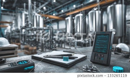 Modern industrial equipment and tools, including a handheld data monitor and clipboard, resting on a workbench. Large stainless steel tanks and pipes in a chemical or beverage factory 133265119