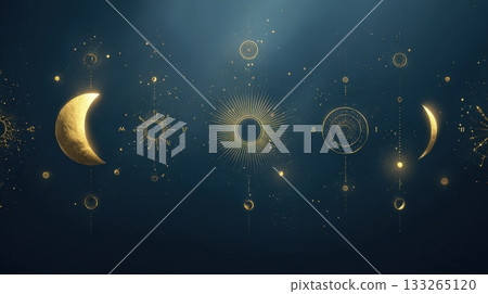 celestial background featuring golden astrology symbols: a bold crescent moon, radiating sunburst, planets, and subtle star charts. Deep blue, mystical sky, represents cosmic balance and alchemy. 133265120