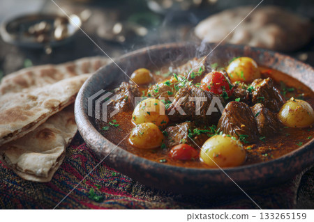Beef Stew or Lamb Curry in Rustic Bowl, Garnished with Baby Potatoes and Fresh Herbs, Served with Traditional Indian or Middle Eastern Flatbread on Textured Fabric Background, Highlighting Rich Flavor Beef Stew or Lamb Curry in Rustic Bowl, Garnished with Baby Potatoes and Fresh Herbs, Served with Traditional Indian or Middle Eastern Flatbread on Textured Fabric Background, Highlighting Rich Flavor 133265159
