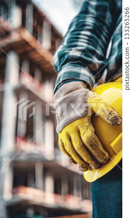 Professional builder or contractor holding a safety helmet and wearing heavy-duty work gloves with a construction site and concrete structure blurred in the background, emphasizing labor and hard work 133265266