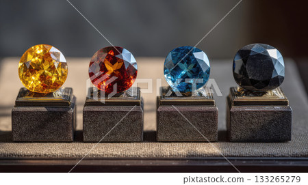 Four Sparkling, Precisely Cut Gemstones in Yellow, Red, Blue, Black Resting Atop Dark Square Pedestals, Displaying Brilliant Facets, Vibrant Colors Against Subdued Luxury Background for Jewelry Design 133265279