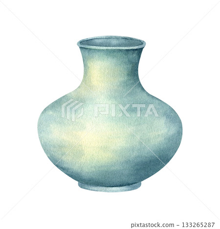 Turquoise flower vase. Empty open ceramic vessel. Watercolor clip art in vintage style isolated from background. Cozy home decor art element. Hand drawn illustration for design of spring composition 133265287
