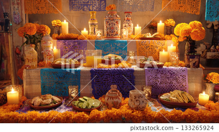 traditional Dia de Muertos Day of the Dead ofrenda altar decorated with glowing candles, cempasuchil marigold flowers, food offerings, and colorful papel picado. Authentic Mexican cultural heritage. 133265924