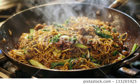 savory Chinese stir-fry noodles with bok choy and sauce, steaming hot in a large wok. Authentic Asian cuisine, ready-to-eat comfort food, perfect for restaurant, cooking, and street food concepts. savory Chinese stir-fry noodles with bok choy and sauce, steaming hot in a large wok. Authentic Asian cuisine, ready-to-eat comfort food, perfect for restaurant, cooking, and street food concepts. 133265925