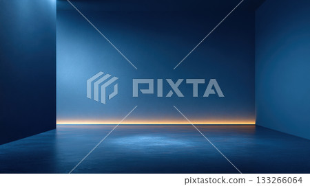 Minimalist Abstract Dark Blue Empty Room Background with Textured Concrete Walls and Floor, Illuminated by a Warm Orange Glow Strip and Beam of Cool Blue Light for Product Display or Conceptual Design 133266064