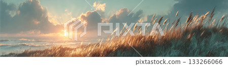 view of the ocean at sunset or sunrise. Golden rays shine through clouds onto wind-swept beach grasses in foreground, creating wild, beautiful, tranquil coastal landscape for travel and nature themes 133266066